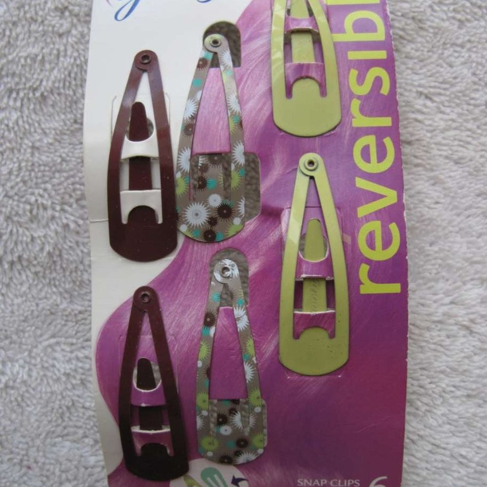 6 Goody Reversible Double Sided Snap Hair Clips Flowery & Solid Brown White